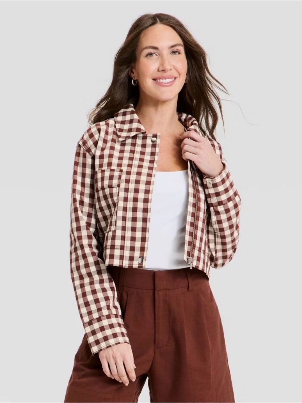 A New Day Women’s Large Brown Cream Gingham Plaid Cropped Utility Jacket NWOT